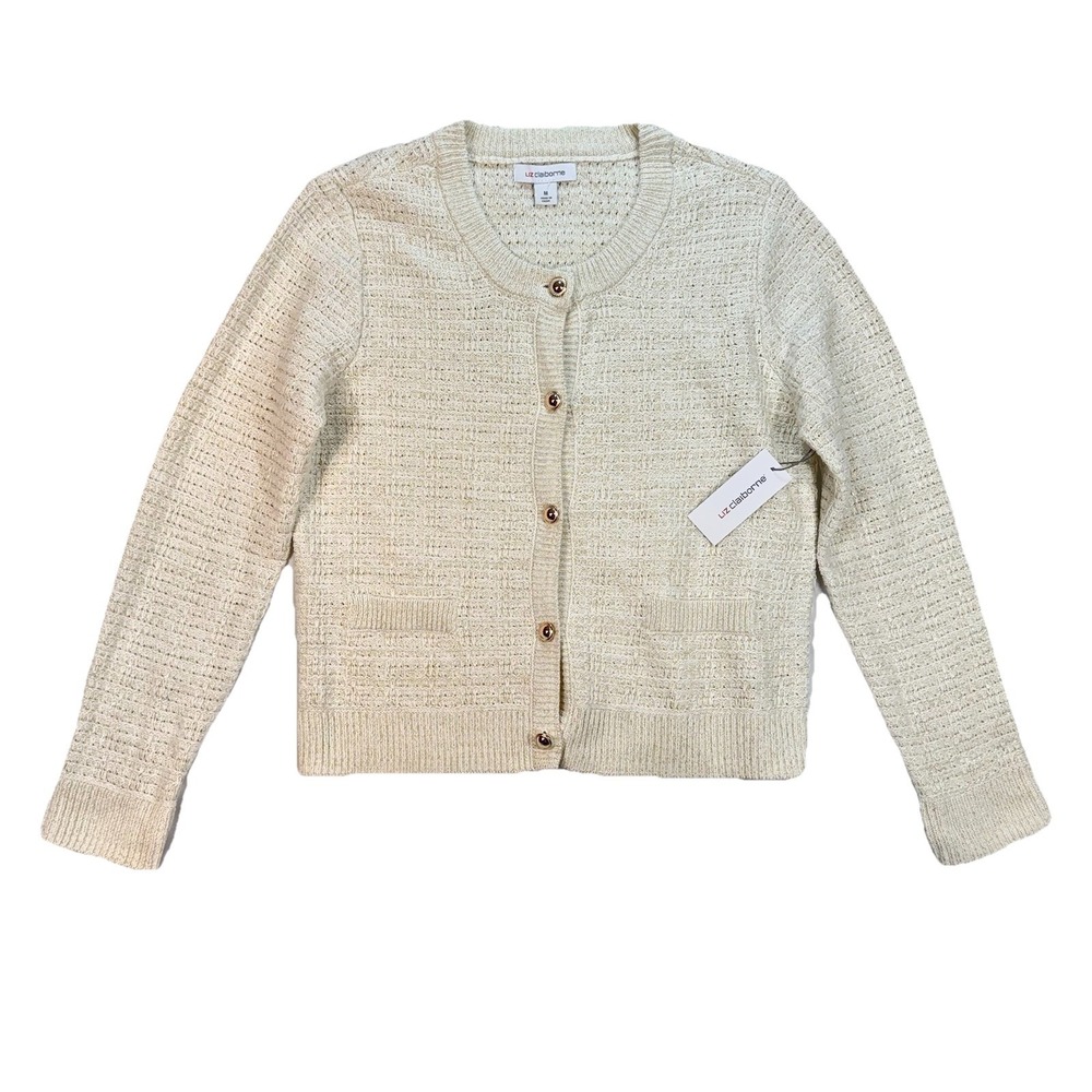 NWT Liz Claiborne Cream Knit Cardigan Sweater Gold Thread Button Front Women M